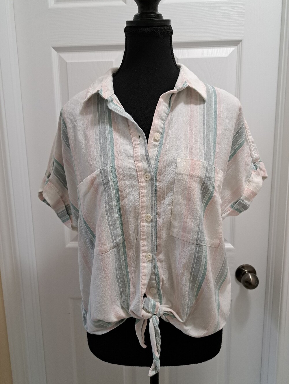 Far West Striped Blouse Cotton Rayon Large Lightweight Coastal Pastel Tie Front